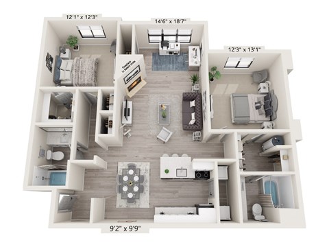 Floor plan for 2 beds, 2 baths, 1145 sqft